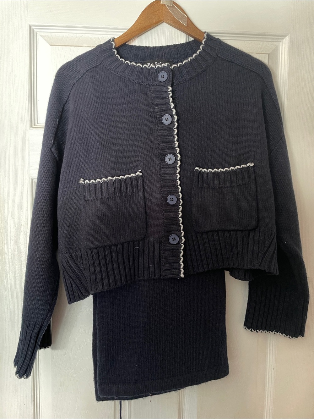 En Saison Black Cropped Cardigan with White Trim with matching knitted pants